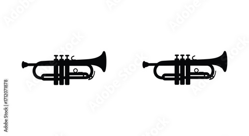 Simple black and white illustration depicting two musical trumpets side by side