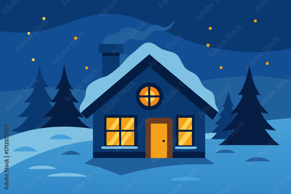 Naklejka premium Cozy Winter Cabin With Glowing Windows In Snow