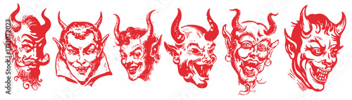 Halloween devil head illustration set in vintage style sketch