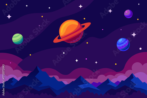Cosmic Night Sky With Glowing Nebulas