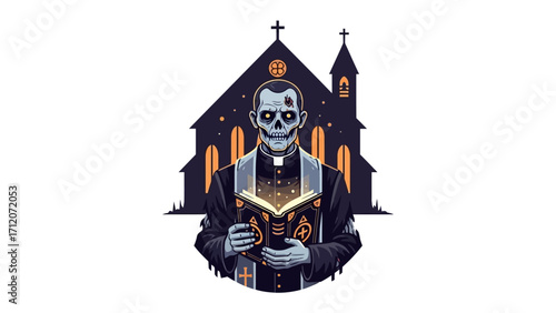 Apocalyptic Priest: A skeletal priest, illuminated by the sacred text, stands before a silhouetted church under a foreboding, starry night sky.