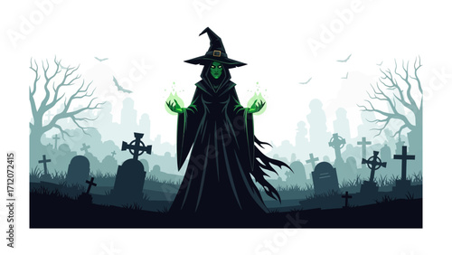 Mystical Witch in Graveyard: A bewitching witch with glowing green hands stands amidst a graveyard of ancient headstones.