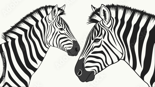 Two Zebras Head Profile Black and White Stripes Wildlife Animal Illustration African Equine.