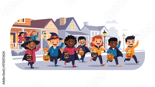 Halloween Street Fun: A cheerful illustration depicts children in costumes trick-or-treating on a street filled with anticipation and spooky decorations. 