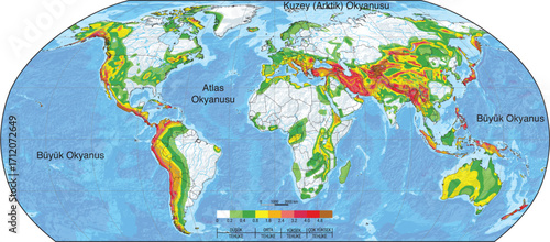 World earthquake risk map. Turkish: Dünyada deprem riski haritası.