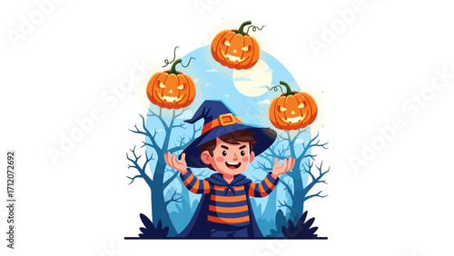 Halloween Juggler: A playful depiction of a young wizard performing a skillful juggling act with three grinning pumpkins, capturing the whimsy and spirit of the holiday.