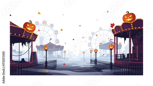 Spooky Amusement Park Illustration: A whimsical illustration of a Halloween amusement park scene with grinning jack-o'-lanterns perched atop carousel and entryways.
