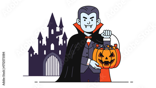 Halloween Vampire: A whimsical illustration of a smiling vampire in a classic black cloak with a carved pumpkin and spooky castle.