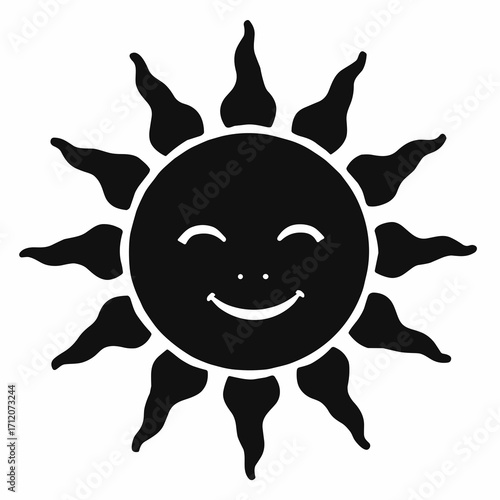 Black silhouette of a smiling sun with rays, plain white background