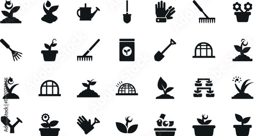 Vector art of collection of gardening icons including plants, tools, and watering cans