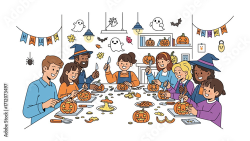 Halloween pumpkin carving: A spirited community of people come together, filled with anticipation. illuminated by the inviting glow of Halloween. as they carve pumpkins and welcome the festive season.