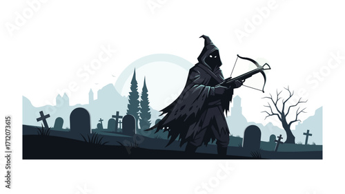Eerie Figure in the Graveyard: An enigmatic figure shrouded in a dark cloak and hood stands amidst a graveyard, clutching a crossbow. The scene evokes a sense of mystery and foreboding.