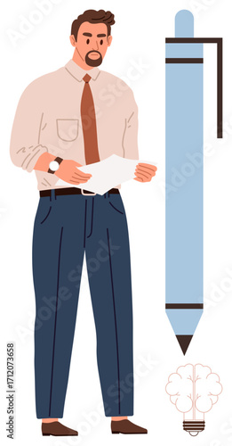 Business professional holding a paper, wearing formal attire, with a giant pen and bulb-shaped cloud. Ideal for creativity, innovation, business strategy, brainstorming, leadership, decision-making