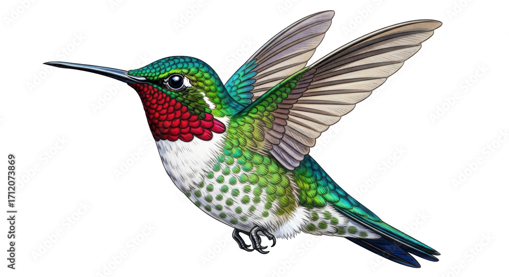 Fototapeta premium Isolated Ruby-Throated Hummingbird flying, detailed feathers, avian illustration, delicate nature