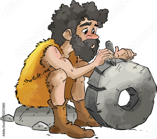 The invention of the wheel. The Stone Age. Primitive man carving the stone wheel.