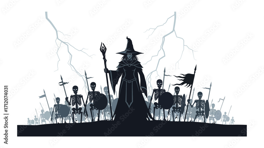 Fototapeta premium Mystic Shadow: A stoic silhouette of a powerful wizard leading an army of skeletal warriors against a backdrop of ominous storm clouds. evoking a sense of ancient battles and arcane magic.