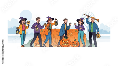 Spooky Gathering: A vibrant illustration of friends on Halloween night, smiling and enjoying the spookiness, holding lanterns amidst a backdrop of jack-o'-lanterns and pumpkins.