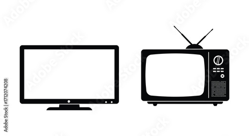 Modern flat screen and vintage television set icons in black and white