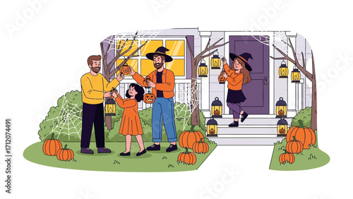 Halloween Gathering: A family engages in festive decoration and celebration, adorning a house with lanterns, and pumpkins, capturing the spirit of the holiday in a vibrant, playful scene.