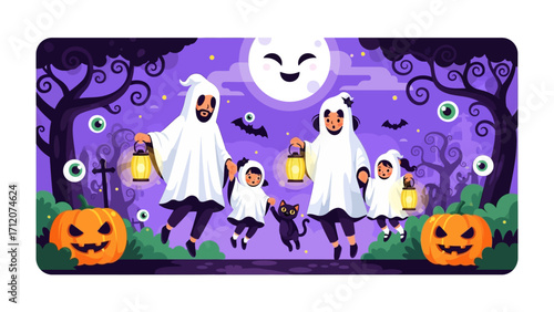 Halloween Family Costume: An adorable family dressed in ghost costumes strolls through a spooky Halloween landscape. pumpkins and full moon gives the image of festive spirit.