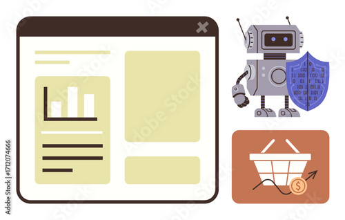 Robot with shield, e-commerce basket with upward graph, dashboard with chart and text. Ideal for AI, cybersecurity, e-commerce, automation, online analytics, financial growth and technology