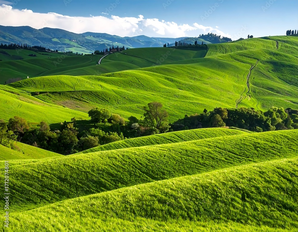 Fototapeta premium Rolling hills of green fields under a vibrant sky
