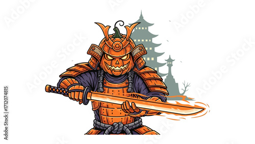 Pumpkin Samurai: A formidable pumpkin-headed samurai, wielding a glowing sword against the backdrop of a traditional Japanese pagoda.
