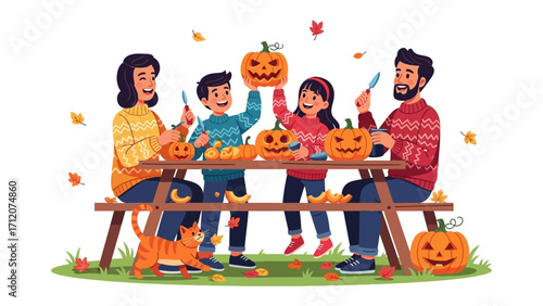 Family pumpkin carving: A family gathers around a picnic table, cheerfully carving jack-o'-lanterns, embodying the festive spirit of Halloween. The setting is adorned with autumn foliage.