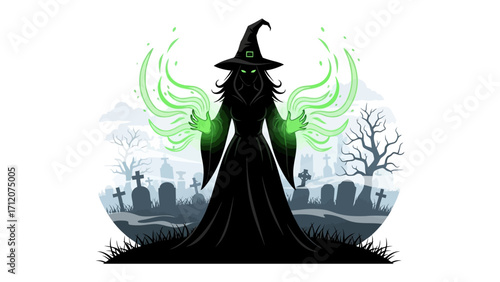 Mystical Witch and Magic: Enigmatic silhouette of a witch wielding mystic powers. Surrounded by an eerie graveyard, she casts vibrant magic with spectral energy.