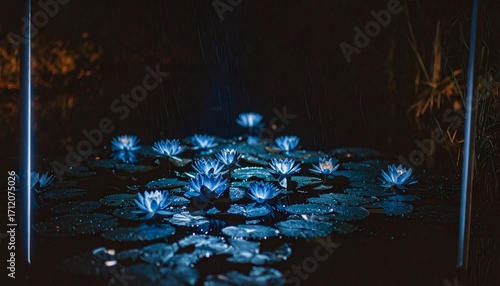 Enchanted Night Bloom Glowing Blue Water Lilies in Dark Pond