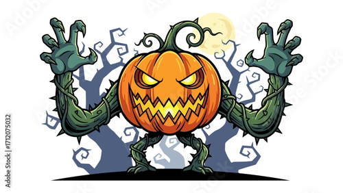 The Spooky Pumpkin Monster: A vibrant illustration depicts a spooky, menacing pumpkin monster with thorny vines for arms and legs, standing against a backdrop of eerie, gnarled trees and a full moon.