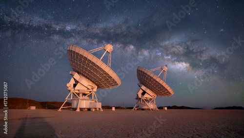White space radio telescopes face Milky Way galaxy. Night photography for science, astronomy, education, technology posters.