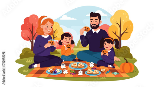 Autumn Family Picnic: A heartwarming illustration of a family enjoying a fall picnic amidst colorful foliage, the essence of family bonding in nature