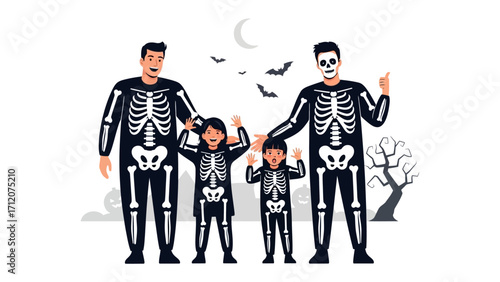Spooky Family: A fun family dressed in skeleton costumes stands together on Halloween night under a spooky scene, ready for trick-or-treating.