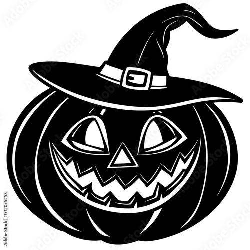 Pumpkin With Crooked Grin Wearing Witch Hat Icon Vector