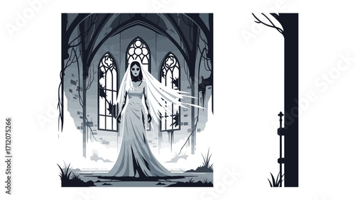 Gothic Ghostly Bride: A ghostly bride figure, adorned in a flowing gown and veil, hauntingly stands within an ornate gothic architecture. Embodying themes of mystery and the supernatural.