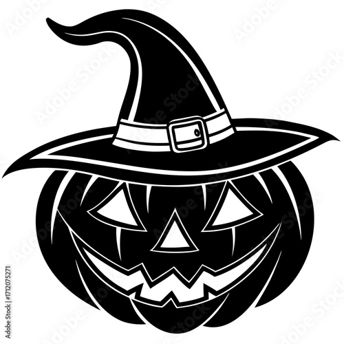 Pumpkin With Crooked Witch Hat Icon Vector Silhouette
