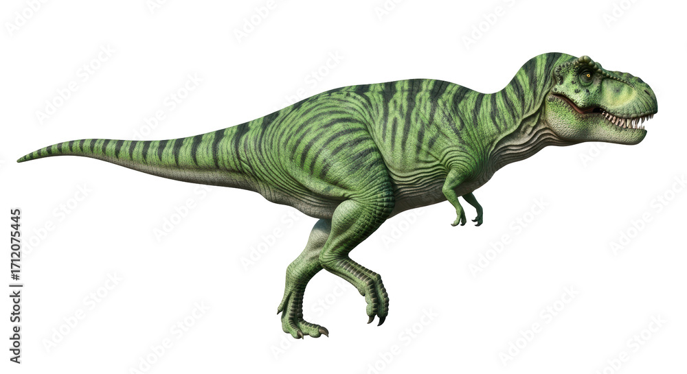 Fototapeta premium Isolated Tyrannosaurus Rex, carnivorous dinosaur predator with striped pattern in green colors