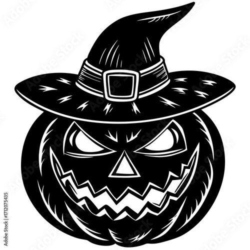Pumpkin With Hat And Glowing Eyes Icon Vector Silhouette