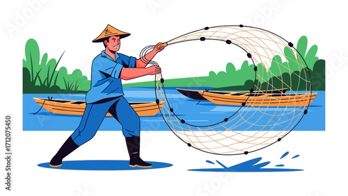 Fisherman Casting Net on River: A fisherman skillfully casts his net over tranquil river, hoping for a fruitful catch. Boats float gently in the backdrop