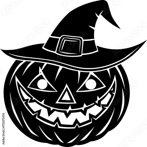 Pumpkin With Jagged Carved Grin Wearing Witch Hat Icon Vector
