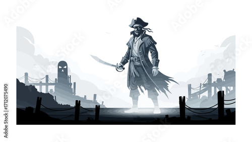 Whispers of the Pirate's Tale: A solitary, silhouetted pirate, armed with a gleaming cutlass, stands as a formidable presence in a desolate, atmospheric harbor.