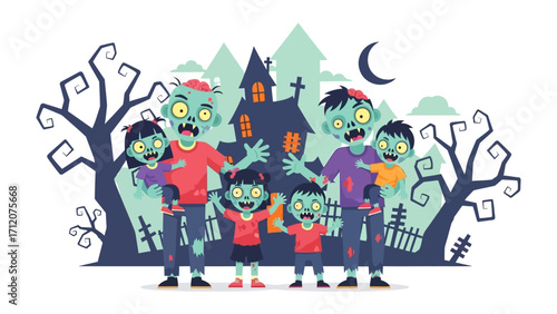 Zombie Family Halloween Illustration: A family of animated zombies stands in front of a haunted house on Halloween night, spreading the spooky holiday spirit.