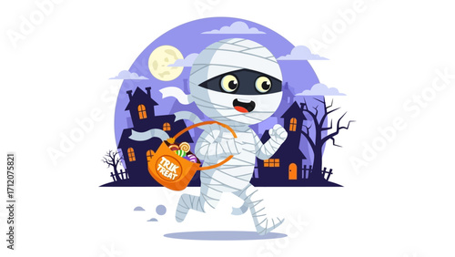 Halloween Mummy in Pursuit of Treats: An enchanting illustration of a cheerful mummy child, joyfully navigating the night of Halloween, embarking on a journey to collect an assortment of candies.