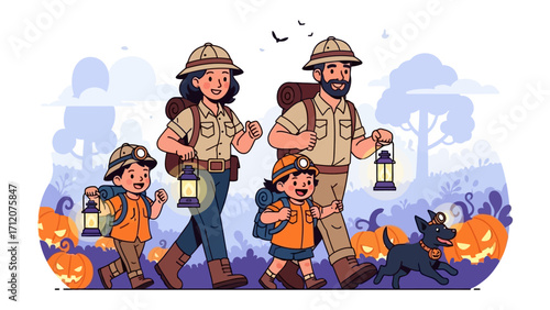 Family Safari Adventure: A family embarks on a safari, equipped with lanterns, backpacks, and hats. Capturing the essence of exploration and shared experience.