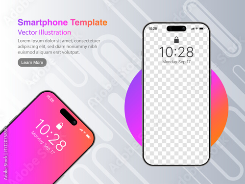 Realistic Smartphone Mockup Banner – 3D Mobile Phone Front View with Colorful Circle on Geometric Background, High Quality Vector Device for UI UX Presentation