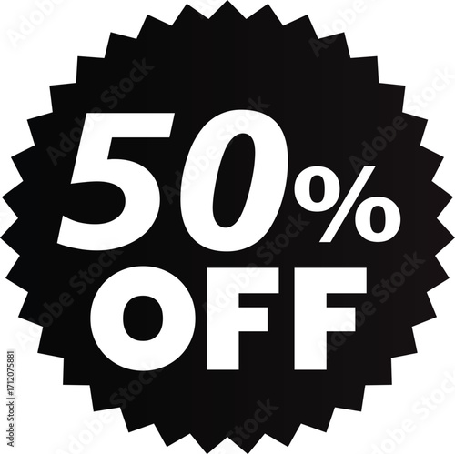 A black starburst-shaped sticker with bold white text advertising a fifty percent off sale.