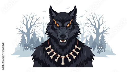 Intimidating Beast Illustration: A powerful illustration features a formidable wolf, its eyes glowing with an intense energy, adorned with a bone necklace.