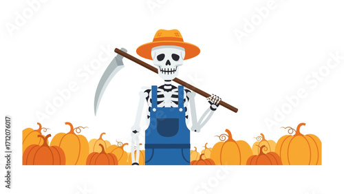 The Harvesting Skull in Pumpkin patch: A skeletal figure clad in farmer's attire stands with a harvest sickle on its shoulder amidst a vibrant pumpkin patch.