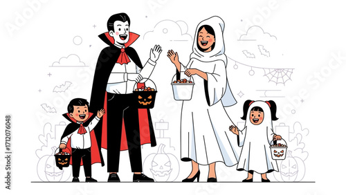 Halloween Family Fun: A happy family, adorned in playful costumes, embarks on a delightful Halloween adventure, collecting treats and spreading festive cheer.